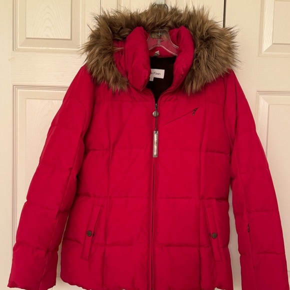 Calvin Klein Jackets & Blazers - Calvin Klein Red Puffer Jacket with Faux Fur Hood